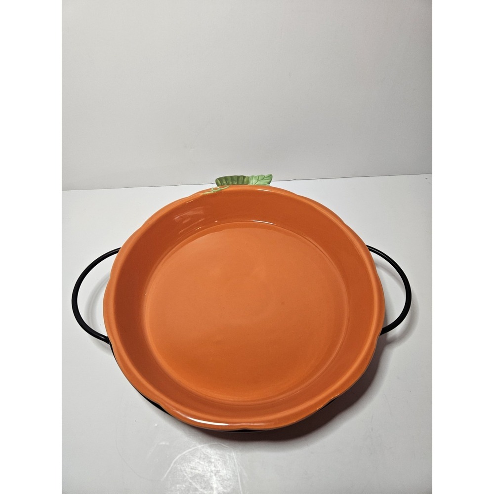 Avon Pumpkin Pie Plate Ceramic Baking Dish Black Metal Serving Rack Stand Vtg